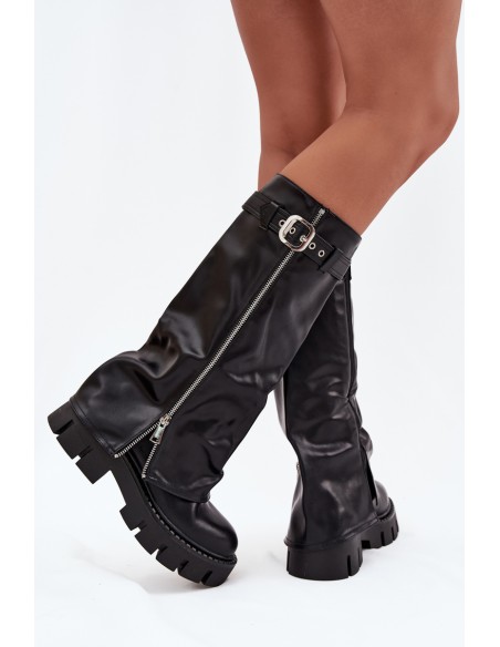 Insulated boots with turned collar buckle and silver zipper Black Armena