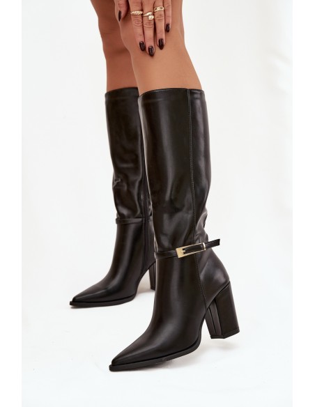 Women's High Heel Boots with Buckle Insulated Black Cirella