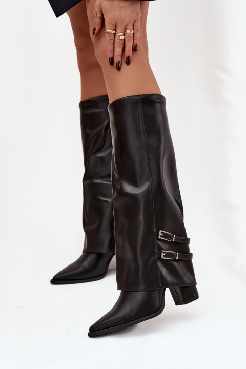 Women's Ankle Boots On Heels Turned Shaft Straps With Buckles Black Nirisa
