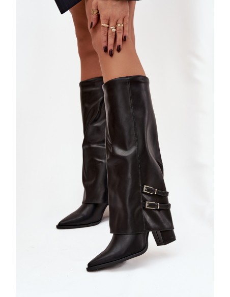 Women's Ankle Boots On Heels Turned Shaft Straps With Buckles Black Nirisa