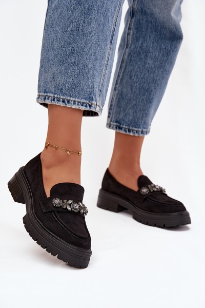 Eco Suede Women's Loafers With Decorative Brooch Black Valiana
