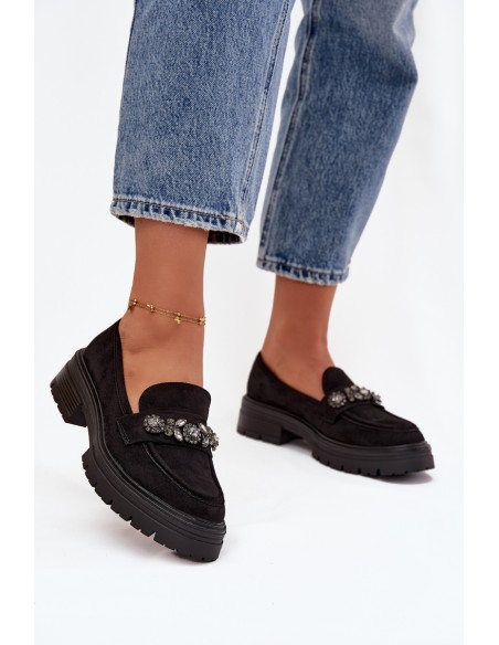 Eco Suede Women's Loafers With Decorative Brooch Black Valiana