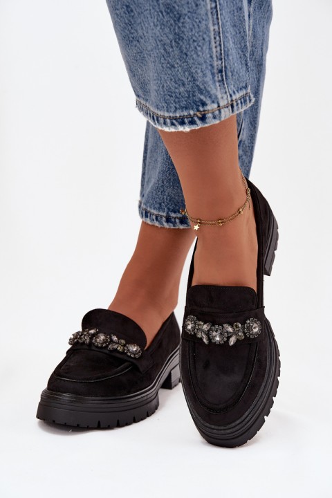 Eco Suede Women's Loafers With Decorative Brooch Black Valiana