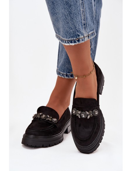 Eco Suede Women's Loafers With Decorative Brooch Black Valiana