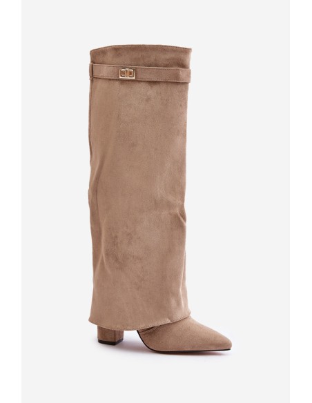 Women's Eco Suede Boots With Rolled Top On Heel Beige Bralise