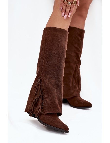 Women's Slip-On Cowboy Boots With Heels And Fringes Brown Zalia