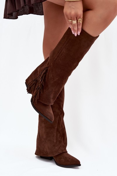 Women's Slip-On Cowboy Boots With Heels And Fringes Brown Zalia 2