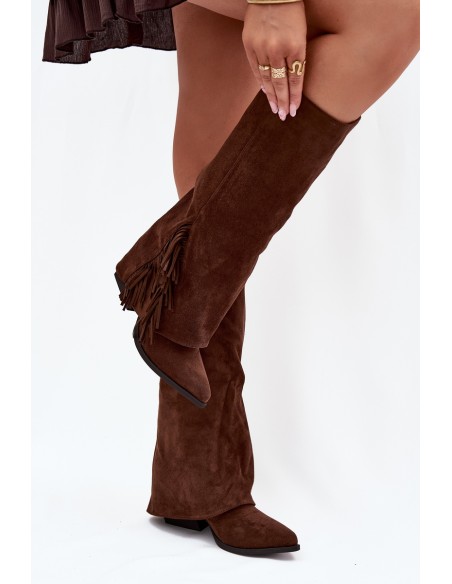 Women's Slip-On Cowboy Boots With Heels And Fringes Brown Zalia