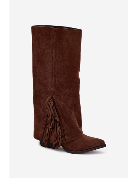 Women's Slip-On Cowboy Boots With Heels And Fringes Brown Zalia