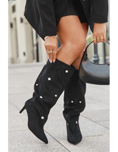 Slip-on Women's Boots with Heel Silver Decorations Black Thaliane