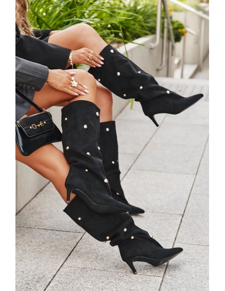 Slip-on Women's Boots with Heel Silver Decorations Black Thaliane