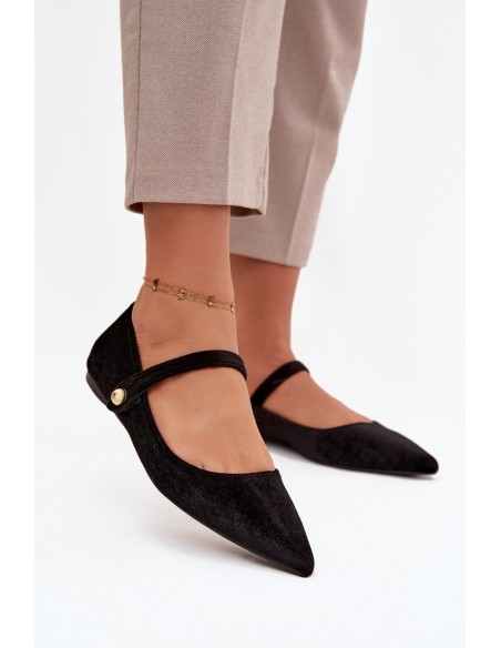 Velvet Ballerinas With Strap And Golden Detail Black Gisanne