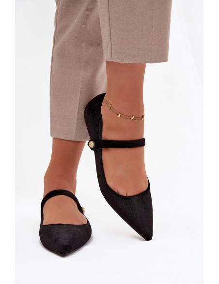 Velvet Ballerinas With Strap And Golden Detail Black Gisanne