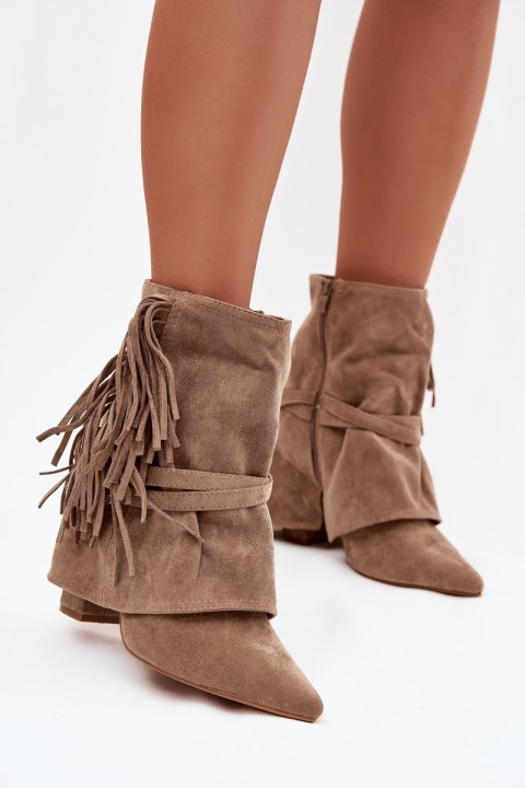 Women's ankle boots with heel with fringes and gold buckles beige Evelisse