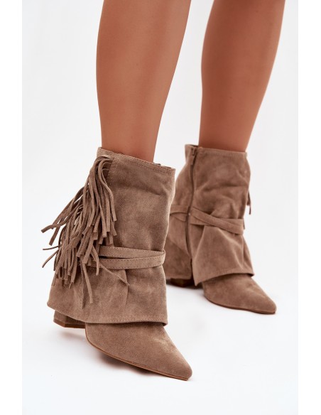 Women's ankle boots with heel with fringes and gold buckles beige Evelisse