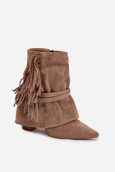 Women's ankle boots with heel with fringes and gold buckles beige Evelisse 2