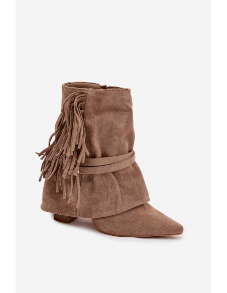 Women's ankle boots with heel with fringes and gold buckles beige Evelisse