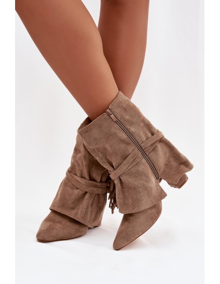 Women's ankle boots with heel with fringes and gold buckles beige Evelisse