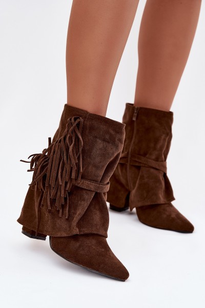 Women's heeled ankle boots with fringes and gold buckles brown Evelisse Botki Damskie
