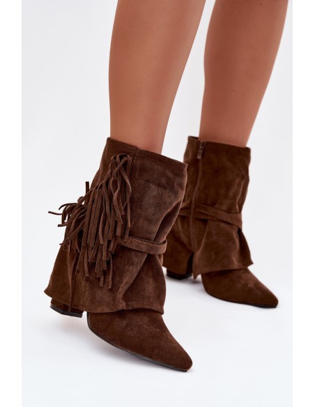 Women's heeled ankle boots with fringes and gold buckles brown Evelisse Botki Damskie