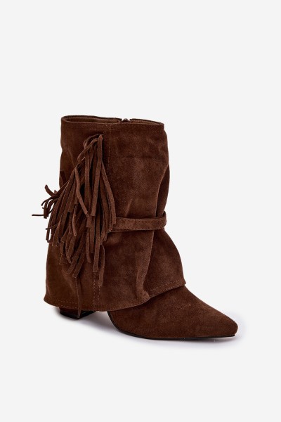 Women's heeled ankle boots with fringes and gold buckles brown Evelisse Botki Damskie 2