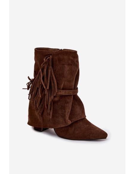 Women's heeled ankle boots with fringes and gold buckles brown Evelisse Botki Damskie