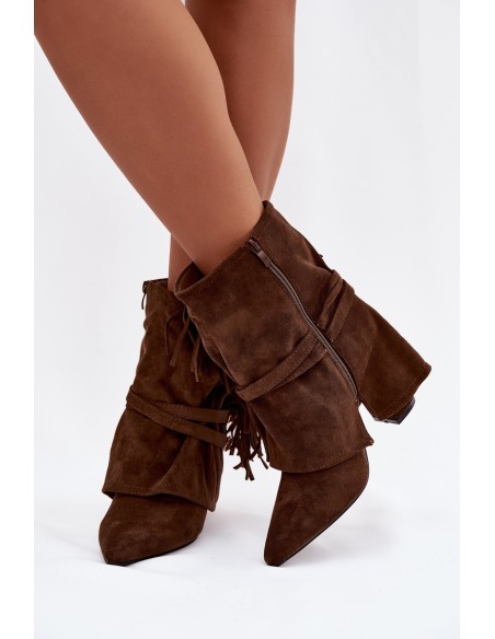 Women's heeled ankle boots with fringes and gold buckles brown Evelisse Botki Damskie