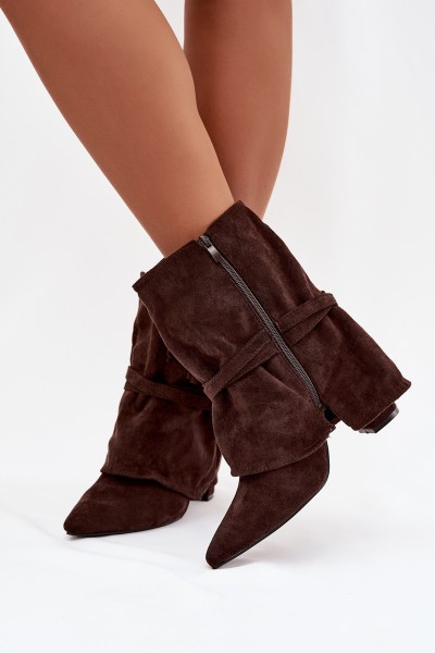 Women's heeled ankle boots with fringes and golden buckles chocolate Evelisse