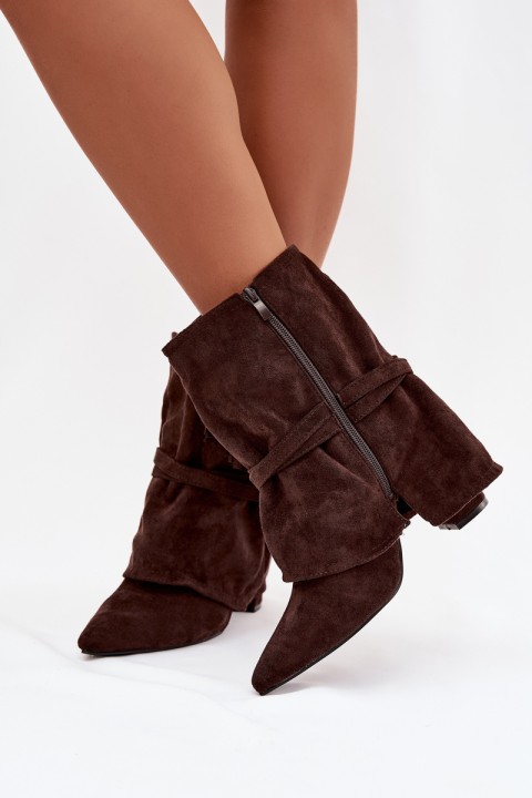Women's heeled ankle boots with fringes and golden buckles chocolate Evelisse
