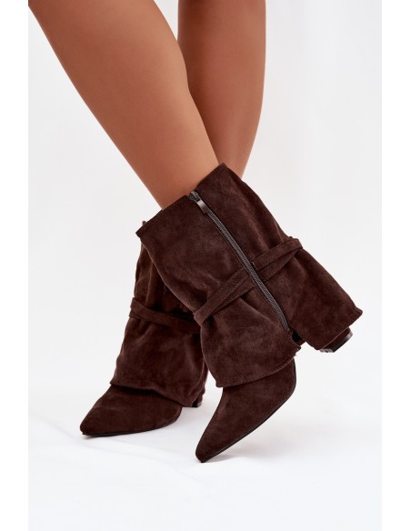 Women's heeled ankle boots with fringes and golden buckles chocolate Evelisse