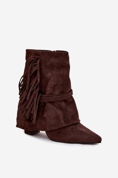 Women's heeled ankle boots with fringes and golden buckles chocolate Evelisse 2