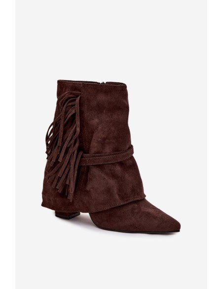 Women's heeled ankle boots with fringes and golden buckles chocolate Evelisse