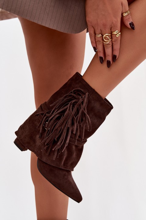 Women's heeled ankle boots with fringes and golden buckles chocolate Evelisse