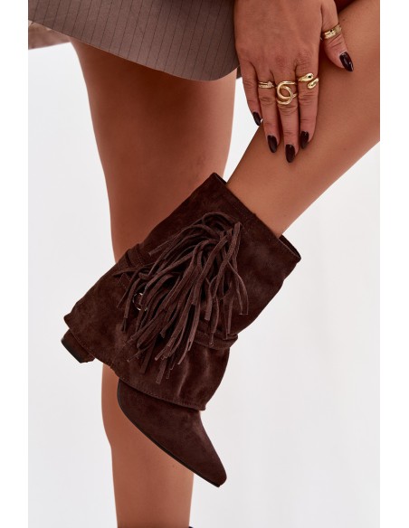 Women's heeled ankle boots with fringes and golden buckles chocolate Evelisse