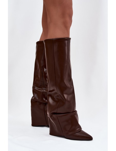 Insulated Women's Boots with Turned-up Shaft on Block Heel Chocolate Elivira