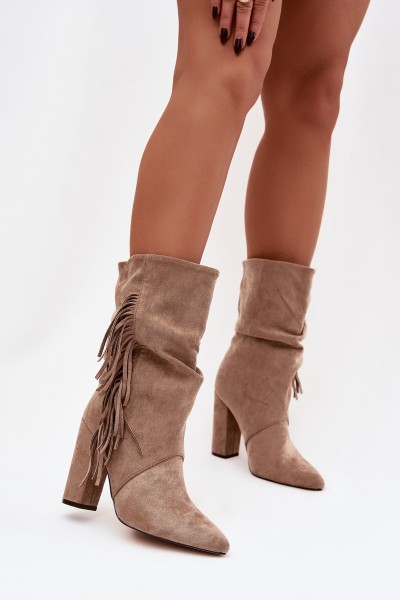 Women's Block Heel Boots with Fringes and Ruching Insulated Beige Darlina