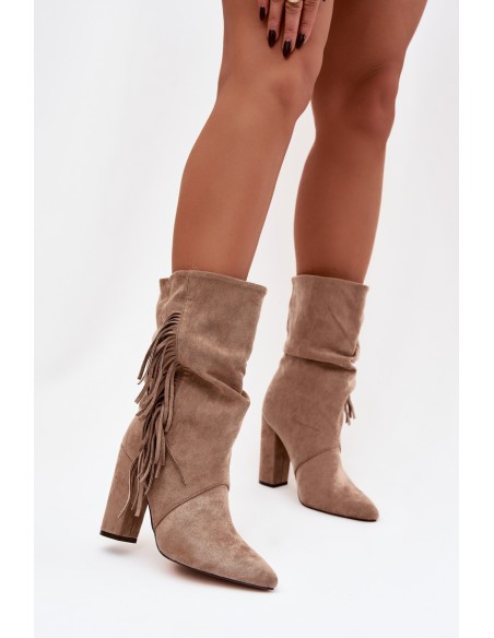 Women's Block Heel Boots with Fringes and Ruching Insulated Beige Darlina