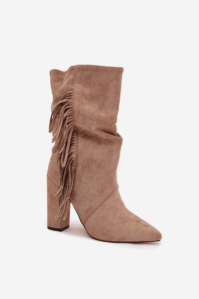Women's Block Heel Boots with Fringes and Ruching Insulated Beige Darlina 2