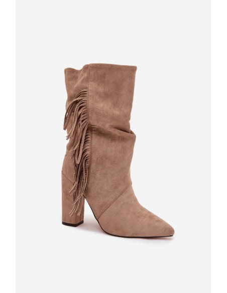 Women's Block Heel Boots with Fringes and Ruching Insulated Beige Darlina