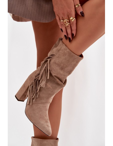 Women's Block Heel Boots with Fringes and Ruching Insulated Beige Darlina