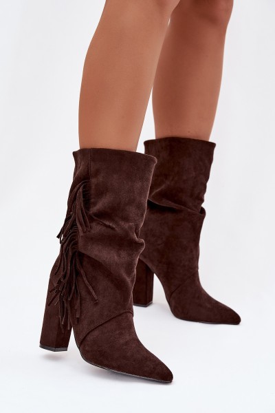 Women's Ankle Boots On Heel With Fringes And Gathering Warm Chocolate Darlina