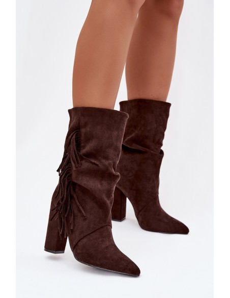 Women's Ankle Boots On Heel With Fringes And Gathering Warm Chocolate Darlina