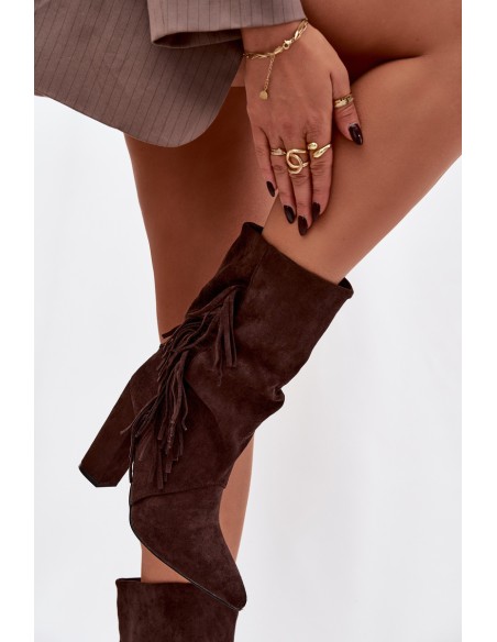 Women's Ankle Boots On Heel With Fringes And Gathering Warm Chocolate Darlina