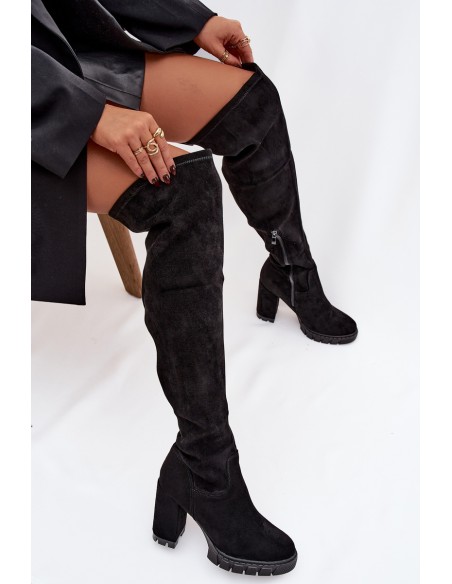 Women's Knee-High Boots on Block Heel Eco Suede Black Tahlina