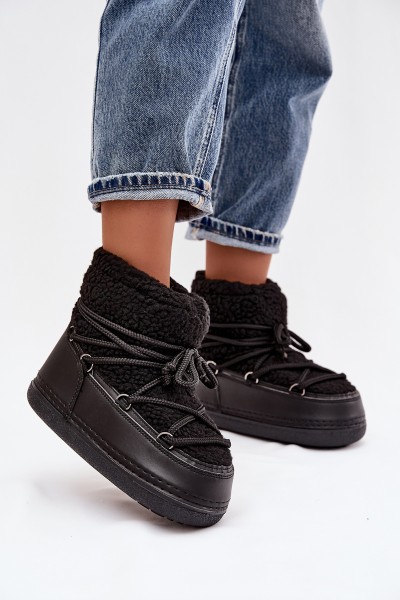 Women's Snow Boots with Sheepskin Type Fur Laced Black Belira