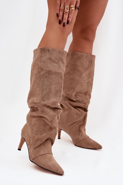 Wrinkled Boots on Heel Made of Eco Suede Lined Beige Mavella