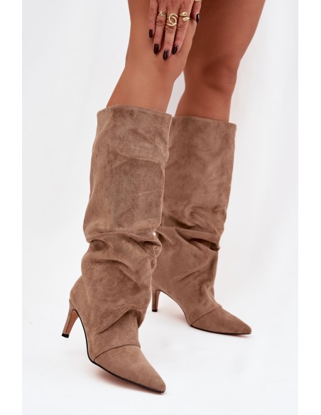 Wrinkled Boots on Heel Made of Eco Suede Lined Beige Mavella