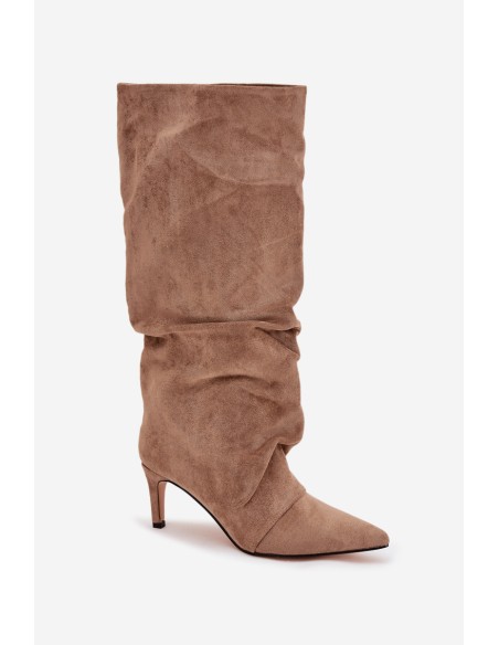 Wrinkled Boots on Heel Made of Eco Suede Lined Beige Mavella