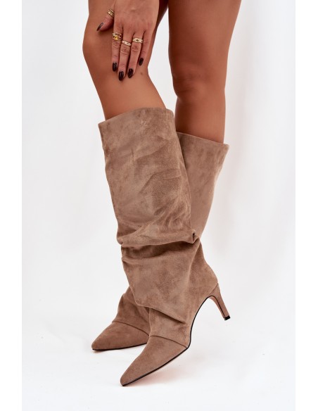 Wrinkled Boots on Heel Made of Eco Suede Lined Beige Mavella