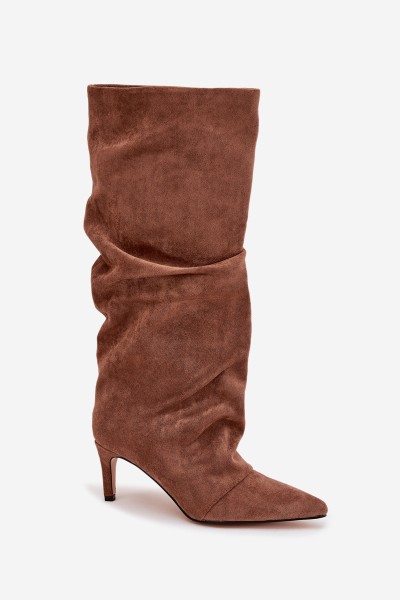 Wrinkled High Heel Boots Made of Eco Suede Lined Dark Beige Mavella 2